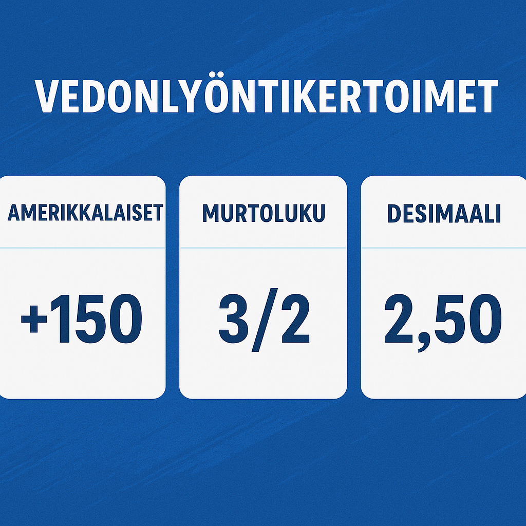 erilaiset vedonlyöntikertoimet voivat olla amerikkalaisia, murtolukuja tai desimaaleja